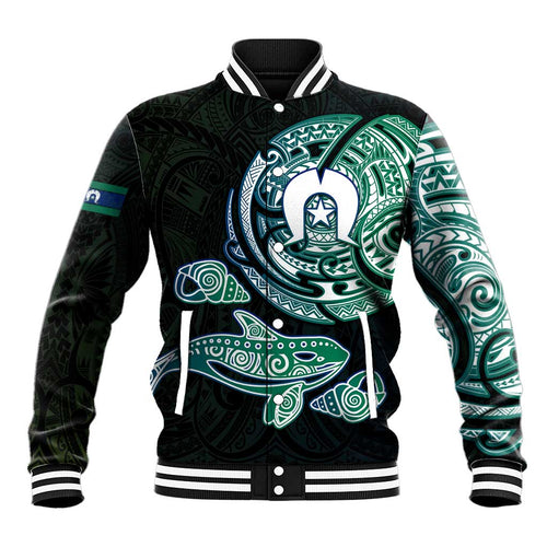 Whale and Dhari Torres Strait Islands Baseball Jacket Deep Green Oceanic Tribal Pattern Art