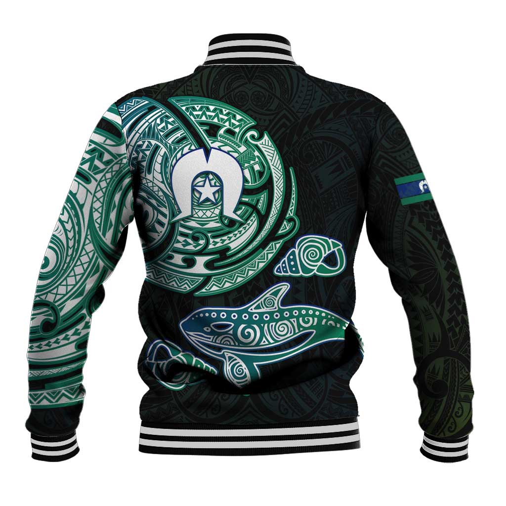 Whale and Dhari Torres Strait Islands Baseball Jacket Deep Green Oceanic Tribal Pattern Art