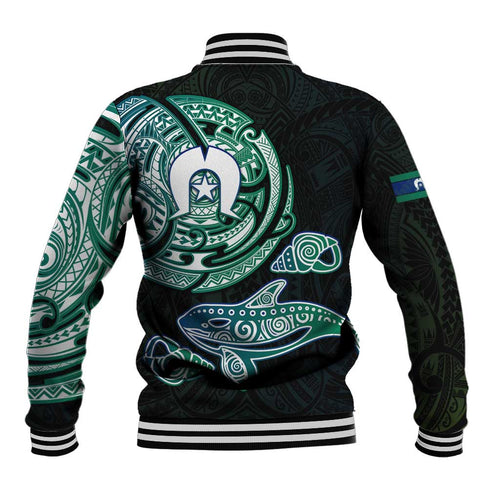 Whale and Dhari Torres Strait Islands Baseball Jacket Deep Green Oceanic Tribal Pattern Art