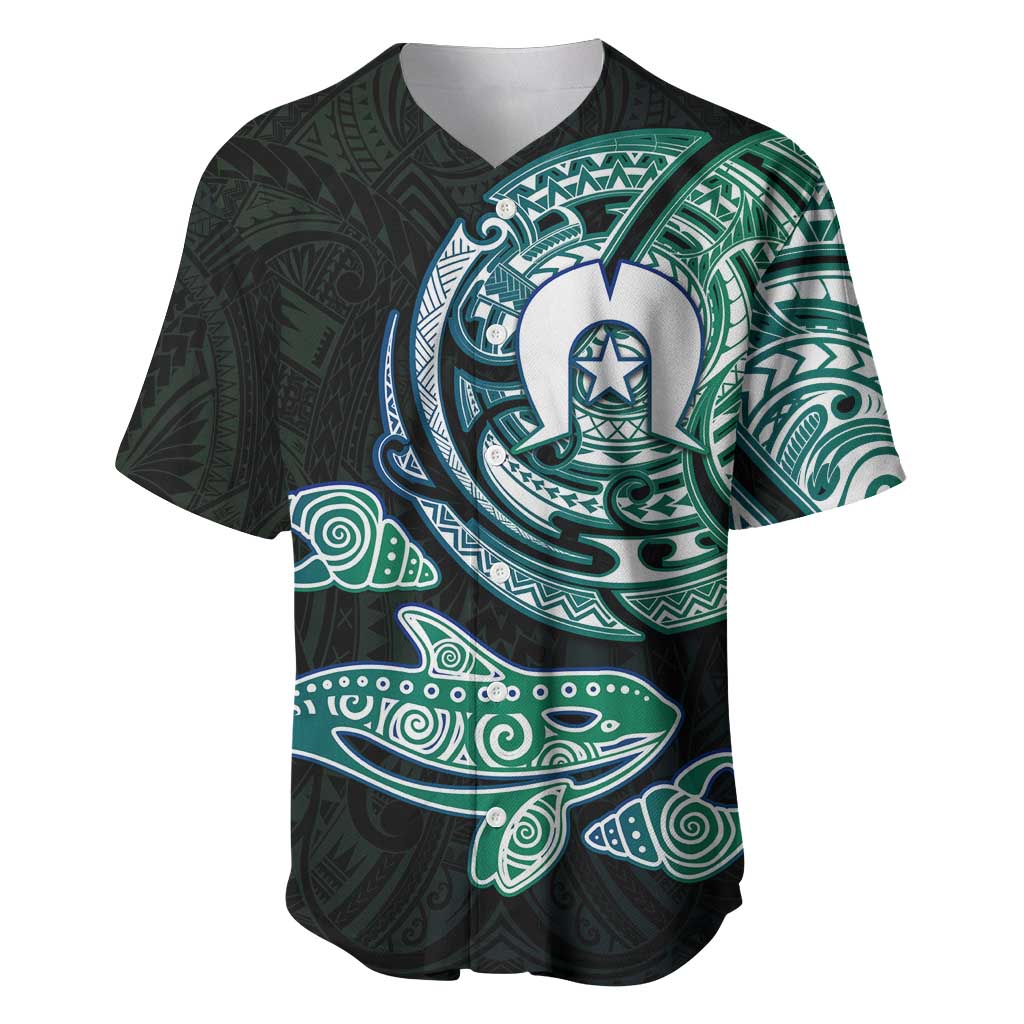 Whale and Dhari Torres Strait Islands Baseball Jersey Deep Green Oceanic Tribal Pattern Art