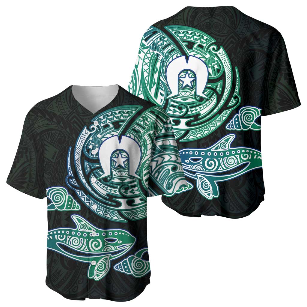 Whale and Dhari Torres Strait Islands Baseball Jersey Deep Green Oceanic Tribal Pattern Art
