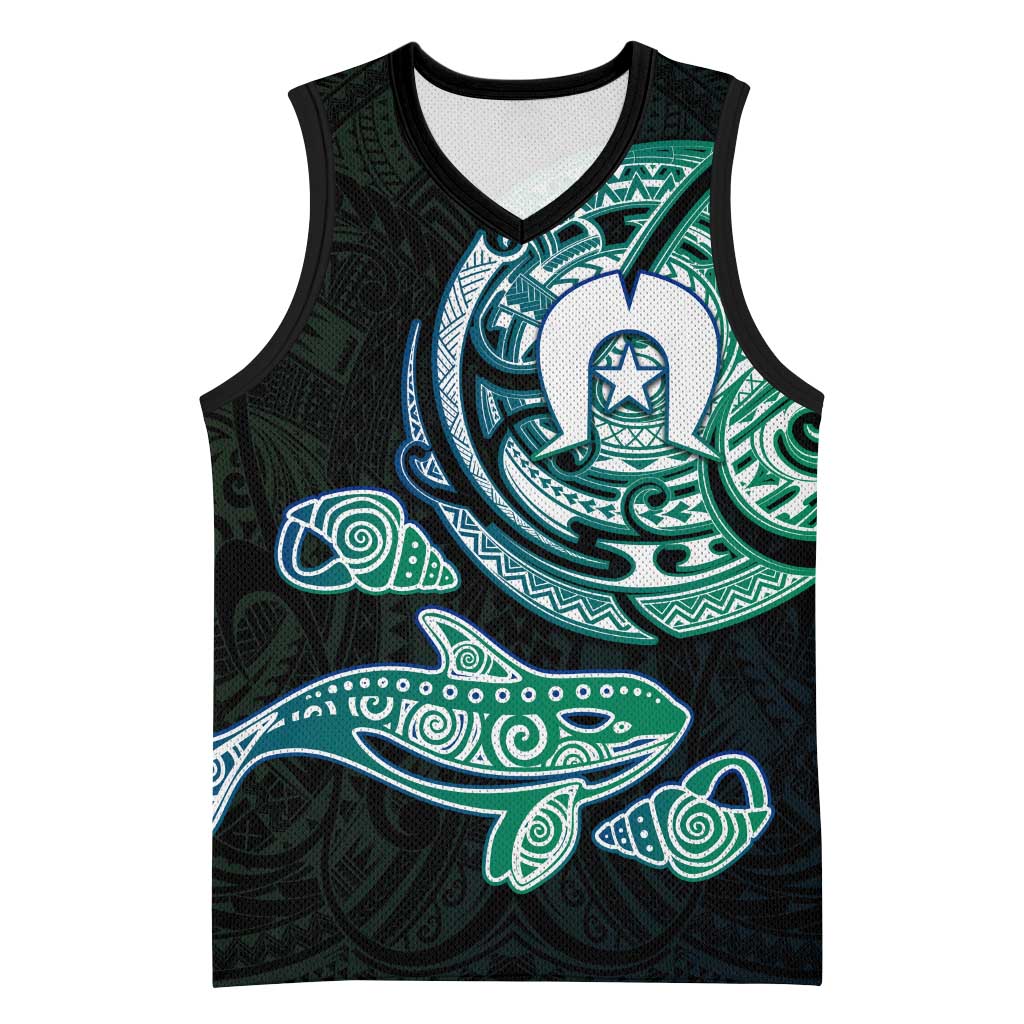 Whale and Dhari Torres Strait Islands Basketball Jersey Deep Green Oceanic Tribal Pattern Art