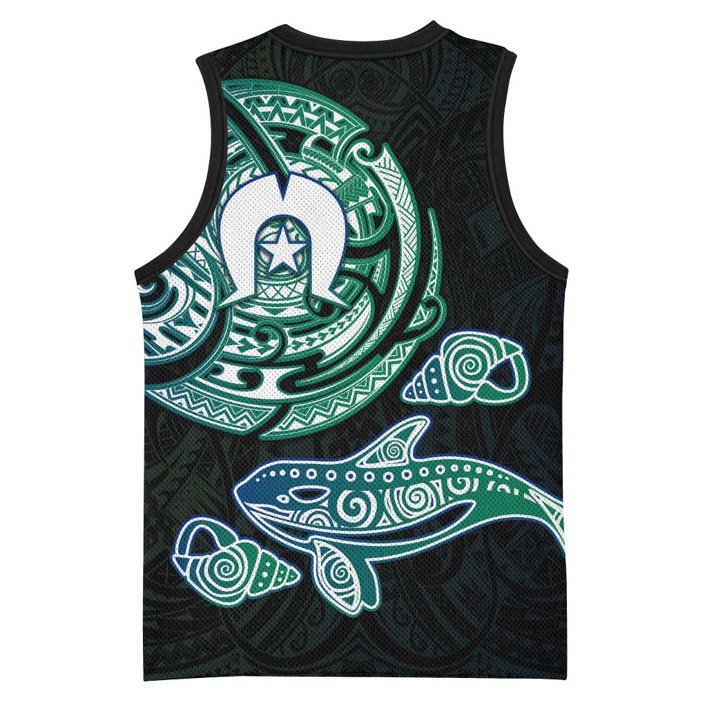 Whale and Dhari Torres Strait Islands Basketball Jersey Deep Green Oceanic Tribal Pattern Art