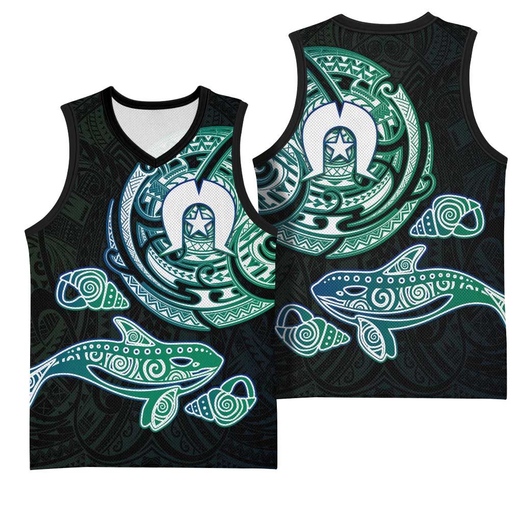 Whale and Dhari Torres Strait Islands Basketball Jersey Deep Green Oceanic Tribal Pattern Art