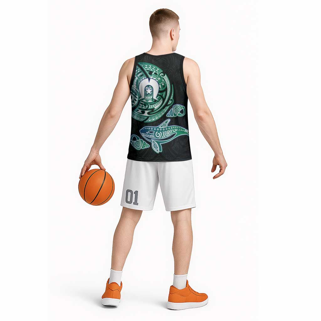 Whale and Dhari Torres Strait Islands Basketball Jersey Deep Green Oceanic Tribal Pattern Art