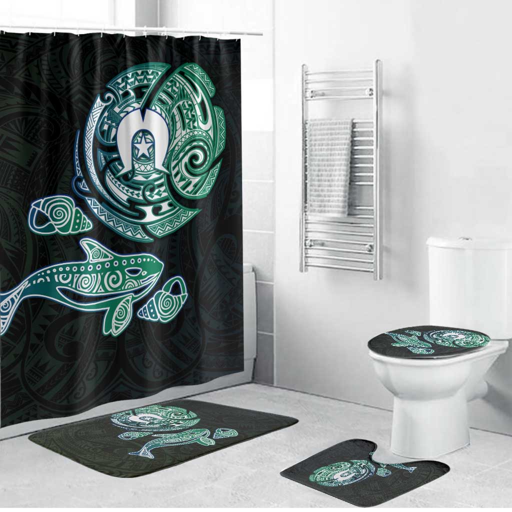 Whale and Dhari Torres Strait Islands Bathroom Set Deep Green Oceanic Tribal Pattern Art