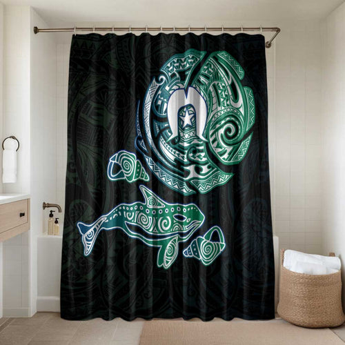 Whale and Dhari Torres Strait Islands Bathroom Set Deep Green Oceanic Tribal Pattern Art