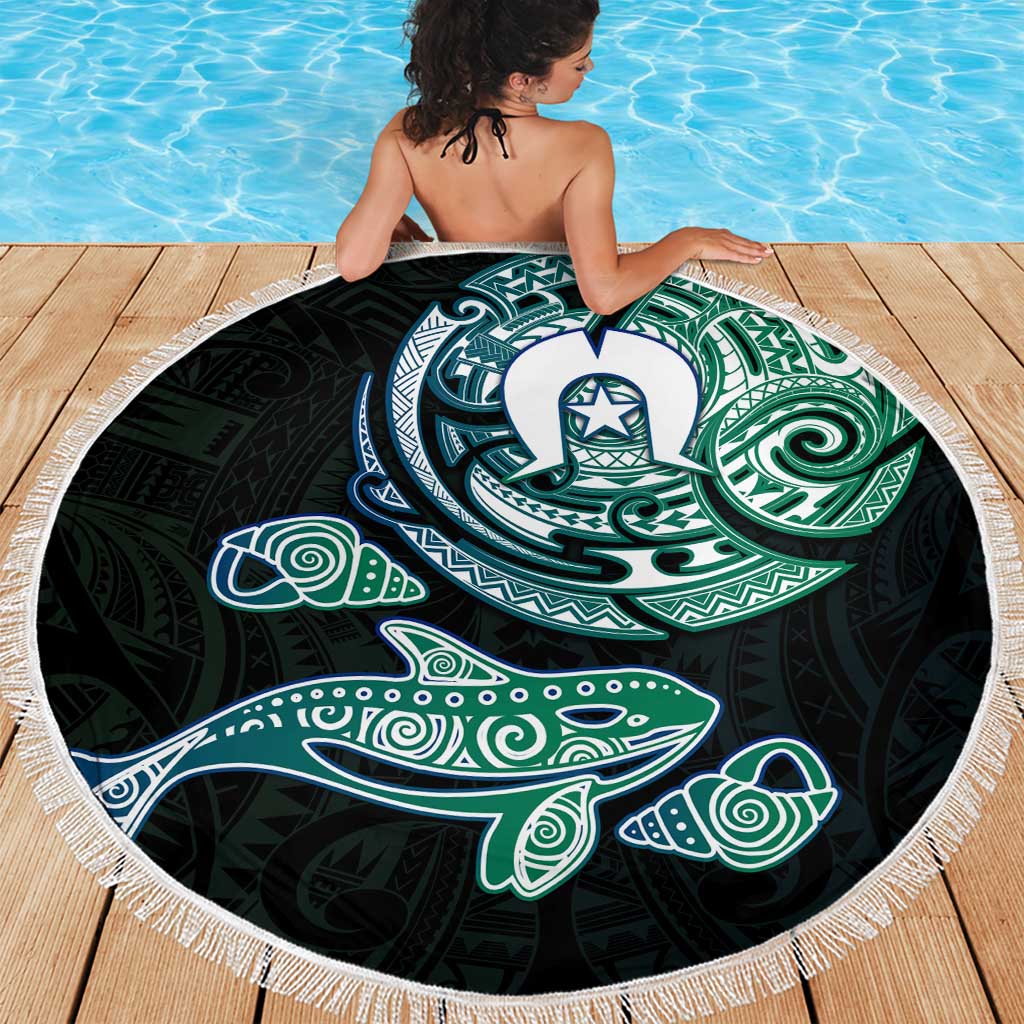 Whale and Dhari Torres Strait Islands Beach Blanket Deep Green Oceanic Tribal Pattern Art