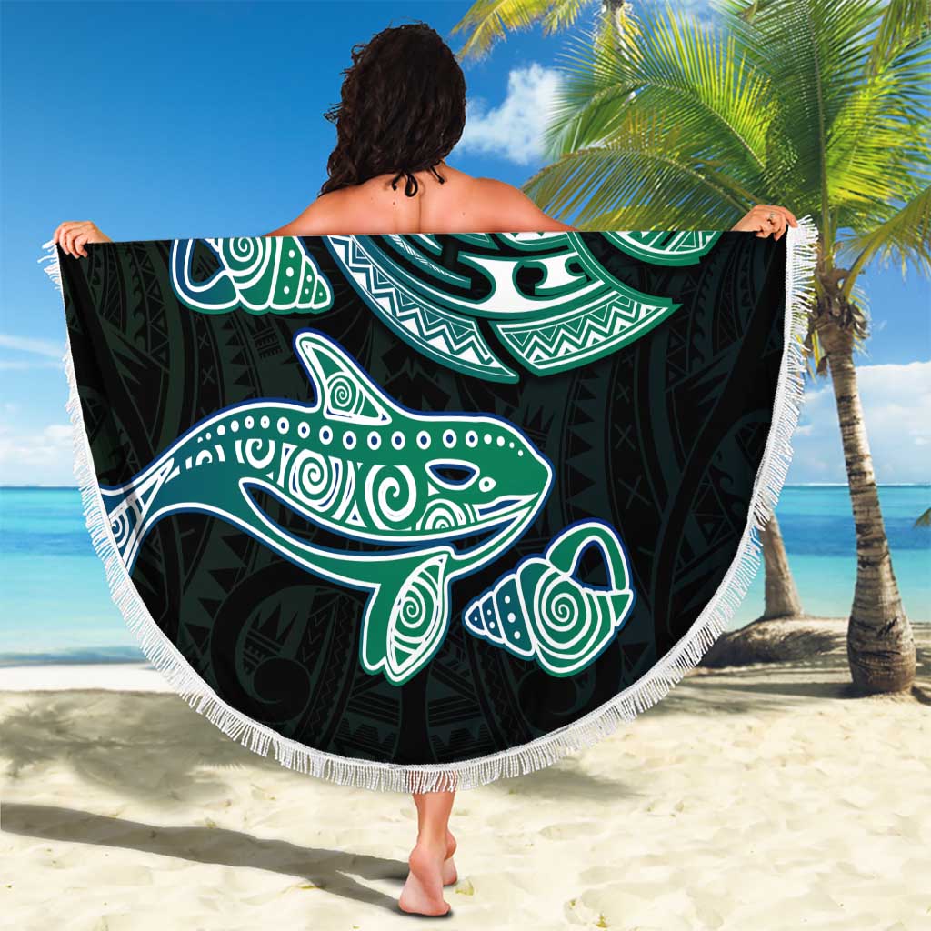 Whale and Dhari Torres Strait Islands Beach Blanket Deep Green Oceanic Tribal Pattern Art