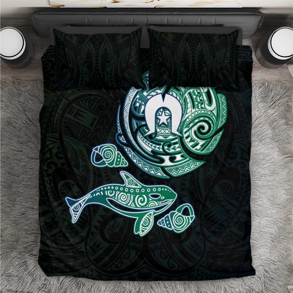 Whale and Dhari Torres Strait Islands Bedding Set Deep Green Oceanic Tribal Pattern Art
