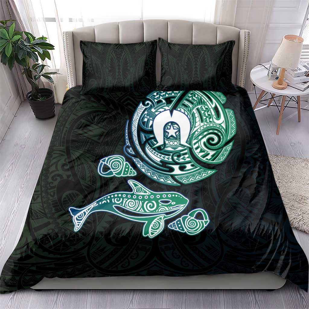 Whale and Dhari Torres Strait Islands Bedding Set Deep Green Oceanic Tribal Pattern Art