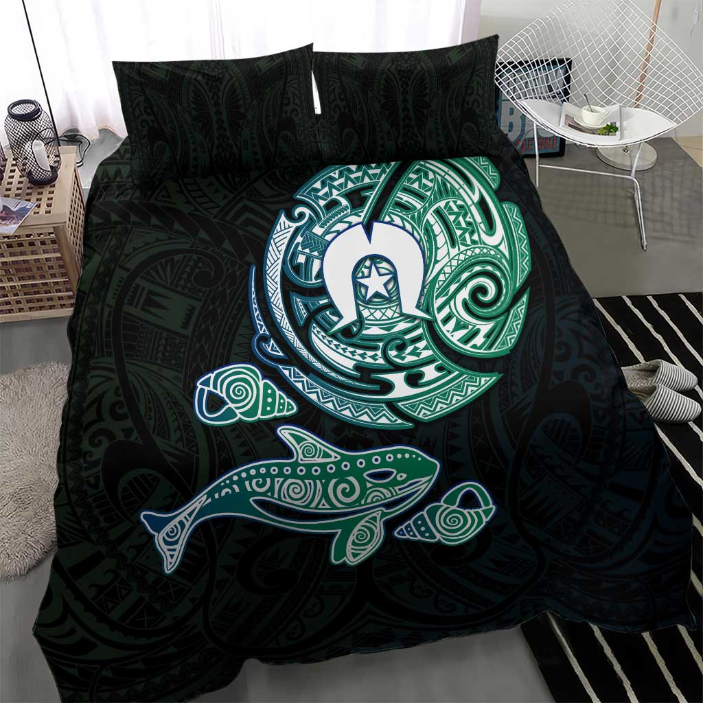 Whale and Dhari Torres Strait Islands Bedding Set Deep Green Oceanic Tribal Pattern Art