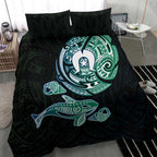 Whale and Dhari Torres Strait Islands Bedding Set Deep Green Oceanic Tribal Pattern Art