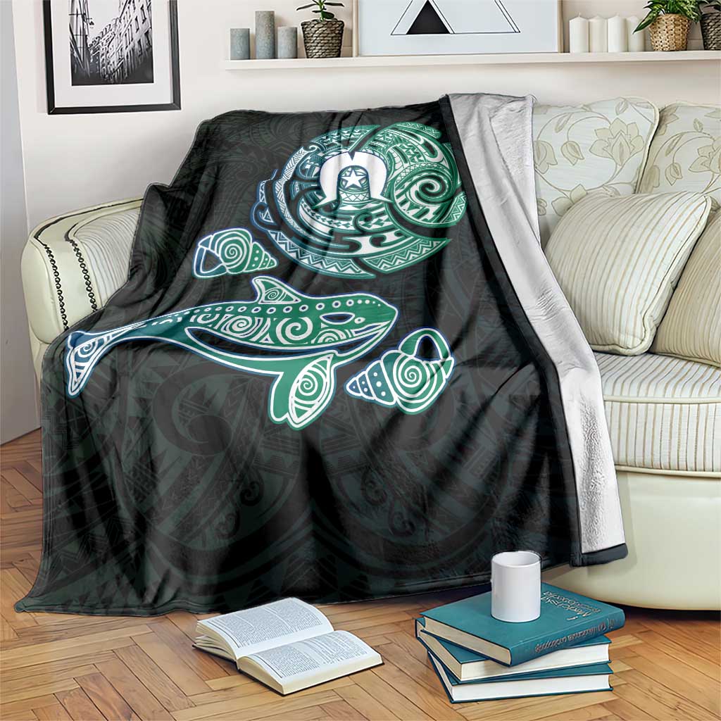 Whale and Dhari Torres Strait Islands Blanket Deep Green Oceanic Tribal Pattern Art