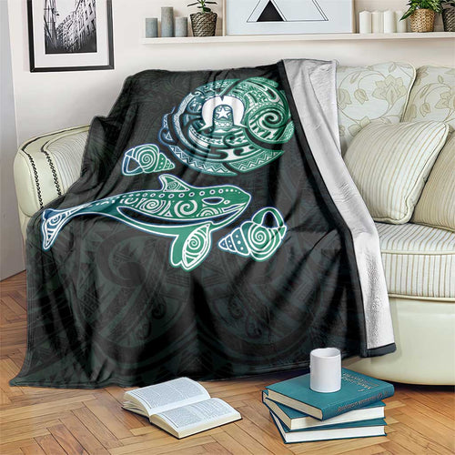 Whale and Dhari Torres Strait Islands Blanket Deep Green Oceanic Tribal Pattern Art
