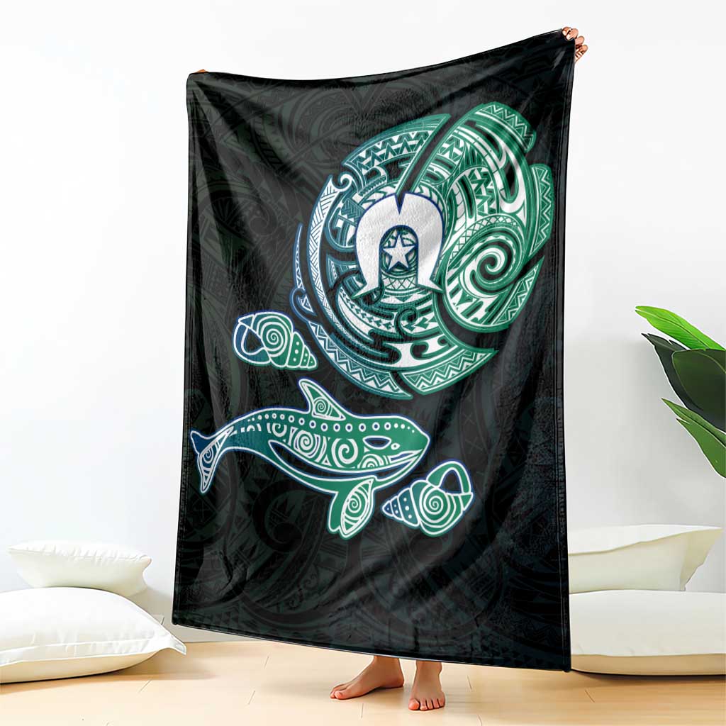 Whale and Dhari Torres Strait Islands Blanket Deep Green Oceanic Tribal Pattern Art