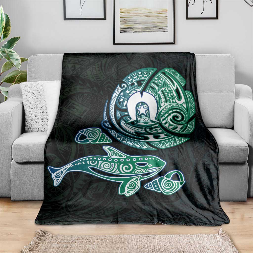 Whale and Dhari Torres Strait Islands Blanket Deep Green Oceanic Tribal Pattern Art