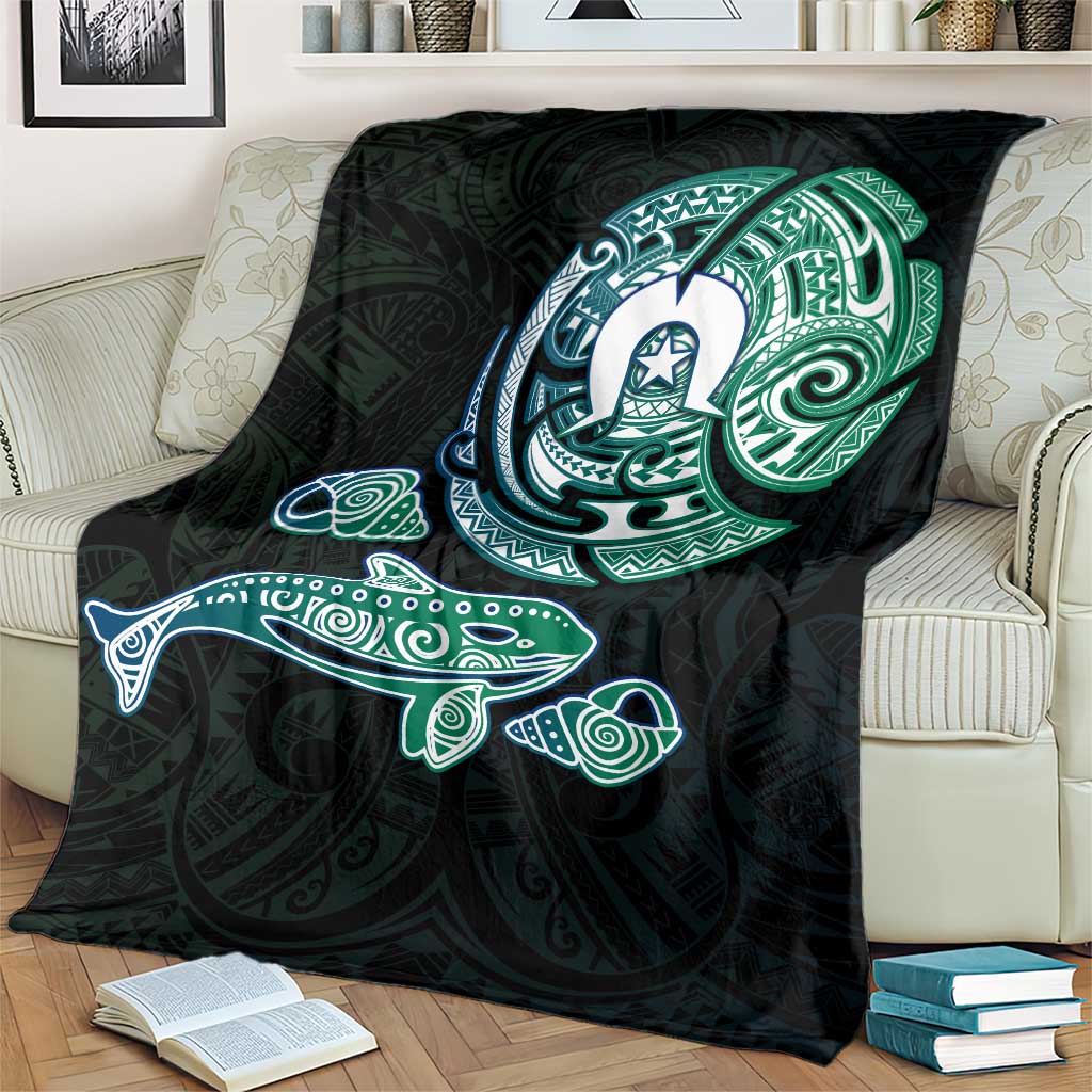 Whale and Dhari Torres Strait Islands Blanket Deep Green Oceanic Tribal Pattern Art