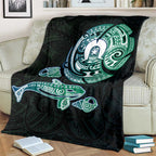 Whale and Dhari Torres Strait Islands Blanket Deep Green Oceanic Tribal Pattern Art