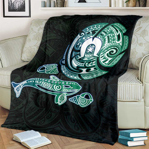 Whale and Dhari Torres Strait Islands Blanket Deep Green Oceanic Tribal Pattern Art