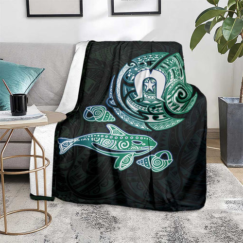 Whale and Dhari Torres Strait Islands Blanket Deep Green Oceanic Tribal Pattern Art