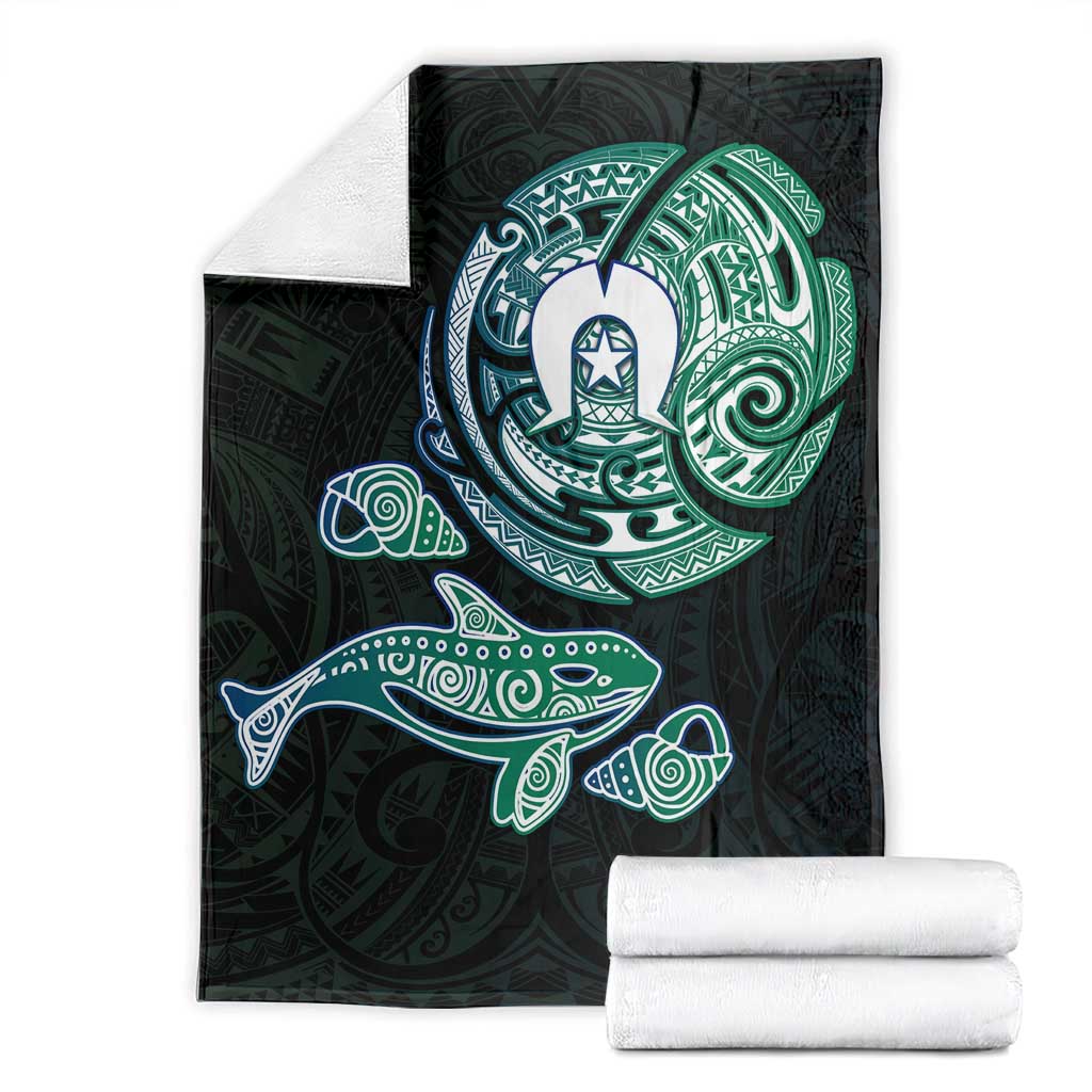 Whale and Dhari Torres Strait Islands Blanket Deep Green Oceanic Tribal Pattern Art
