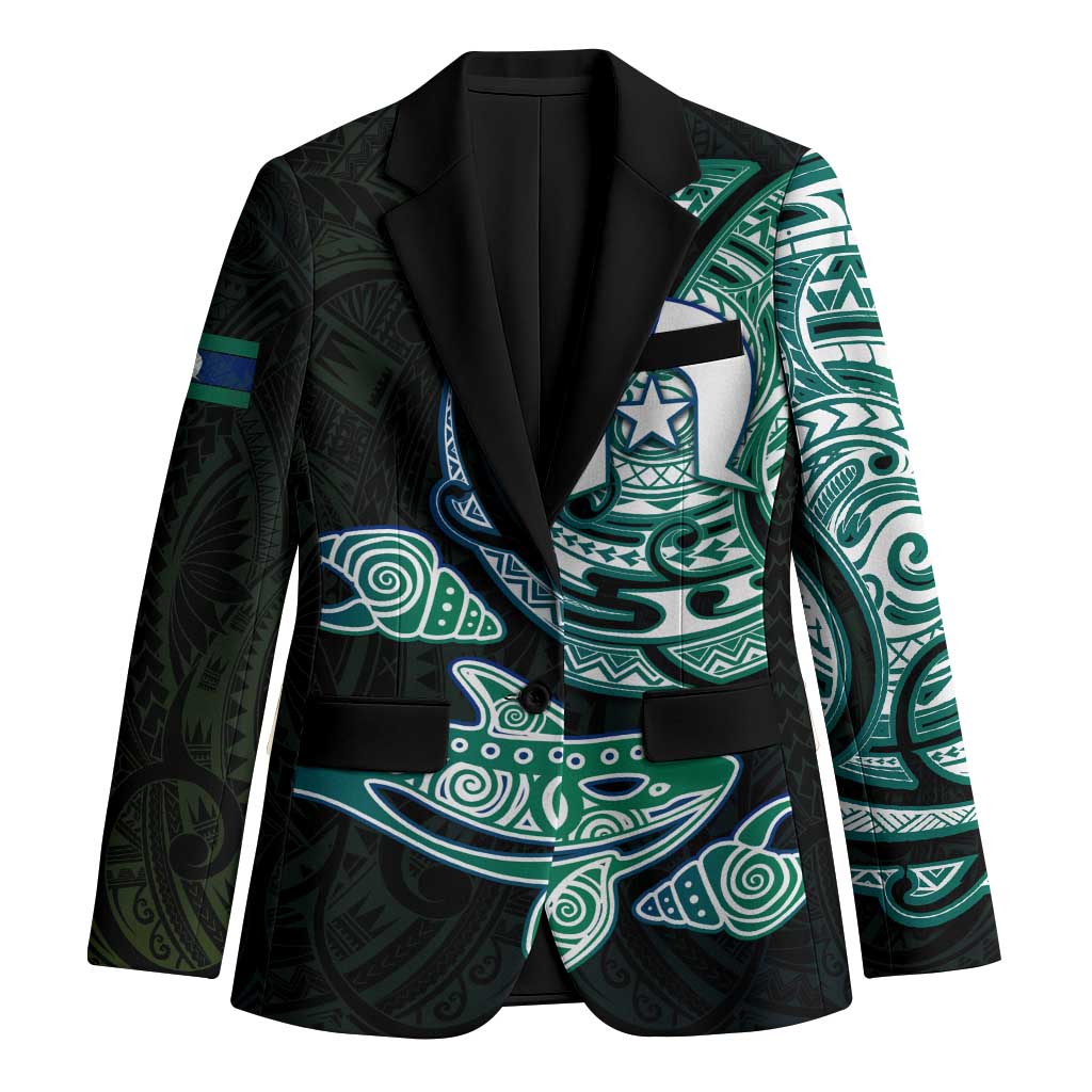 Whale and Dhari Torres Strait Islands Blazer Deep Green Oceanic Tribal Pattern Art