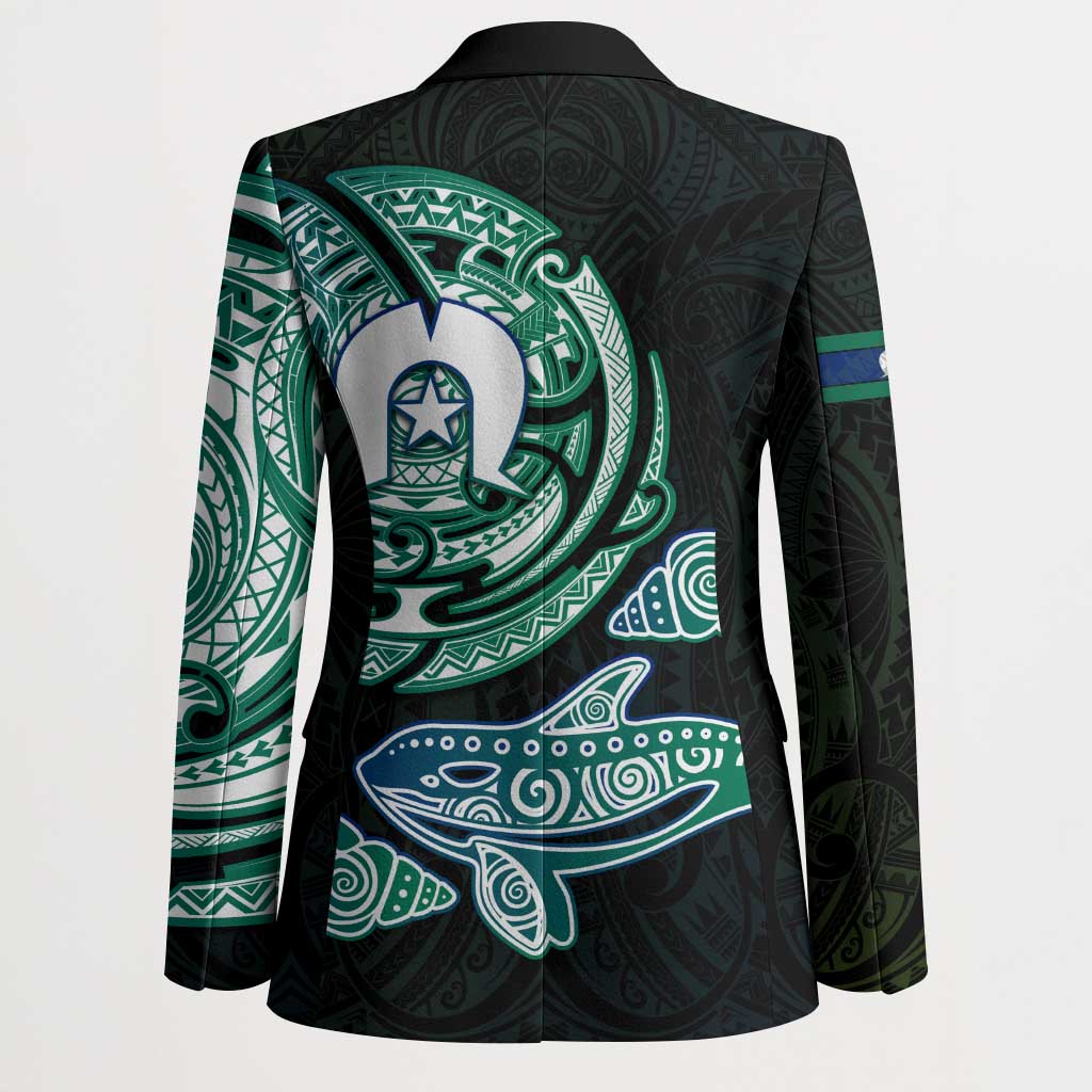 Whale and Dhari Torres Strait Islands Blazer Deep Green Oceanic Tribal Pattern Art