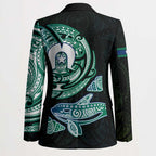 Whale and Dhari Torres Strait Islands Blazer Deep Green Oceanic Tribal Pattern Art