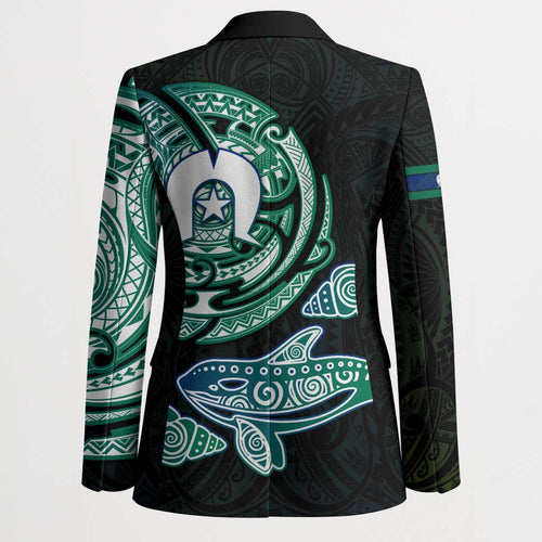 Whale and Dhari Torres Strait Islands Blazer Deep Green Oceanic Tribal Pattern Art