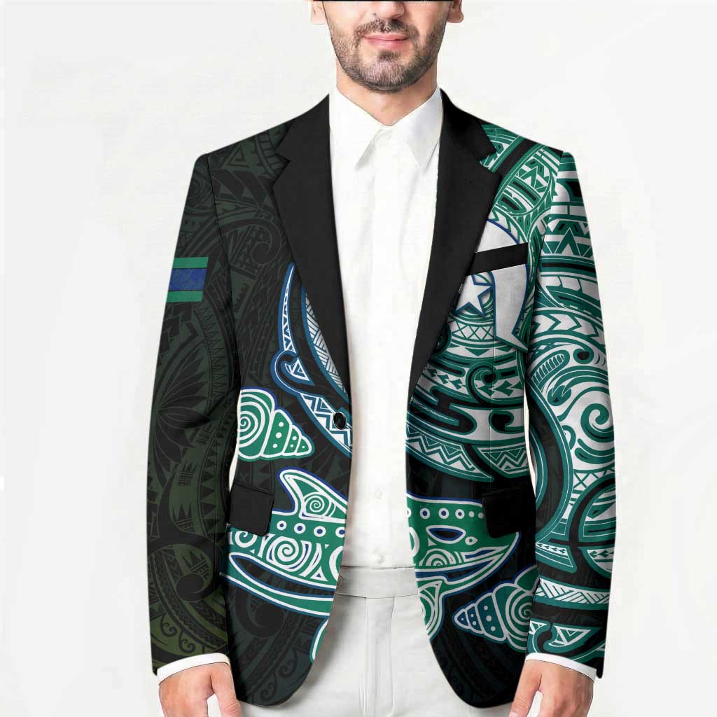 Whale and Dhari Torres Strait Islands Blazer Deep Green Oceanic Tribal Pattern Art
