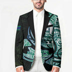Whale and Dhari Torres Strait Islands Blazer Deep Green Oceanic Tribal Pattern Art