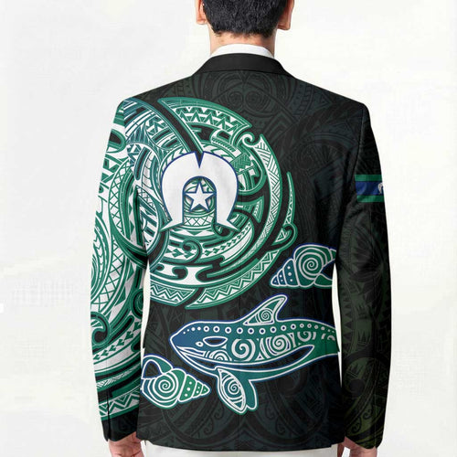 Whale and Dhari Torres Strait Islands Blazer Deep Green Oceanic Tribal Pattern Art