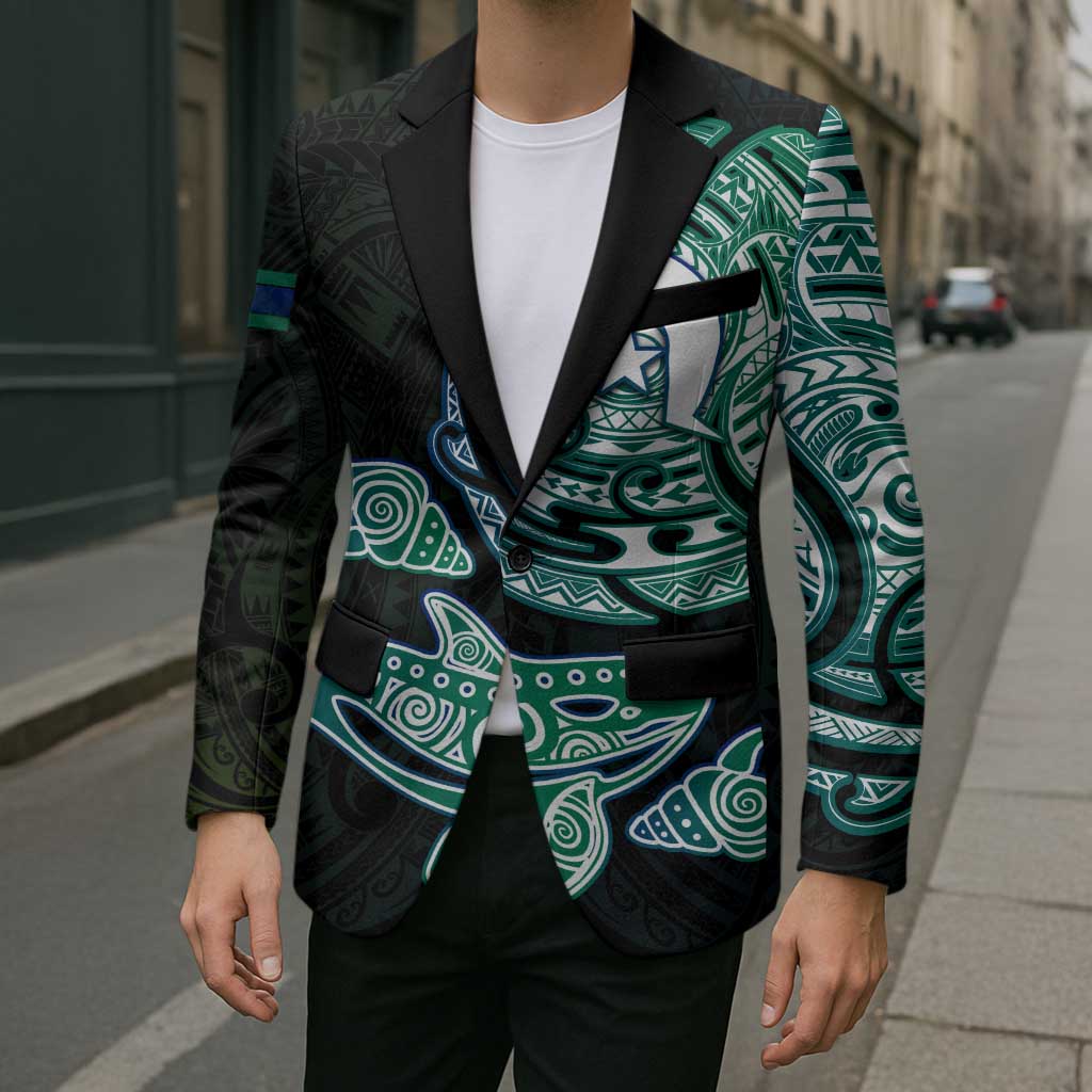 Whale and Dhari Torres Strait Islands Blazer Deep Green Oceanic Tribal Pattern Art