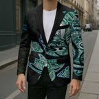Whale and Dhari Torres Strait Islands Blazer Deep Green Oceanic Tribal Pattern Art