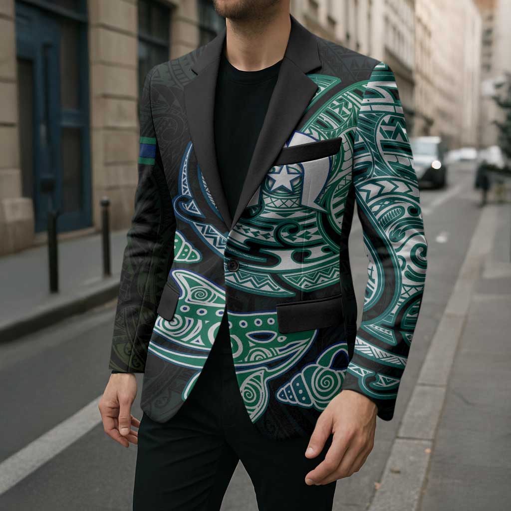 Whale and Dhari Torres Strait Islands Blazer Deep Green Oceanic Tribal Pattern Art