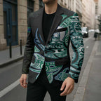 Whale and Dhari Torres Strait Islands Blazer Deep Green Oceanic Tribal Pattern Art
