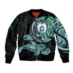 Whale and Dhari Torres Strait Islands Bomber Jacket Deep Green Oceanic Tribal Pattern Art