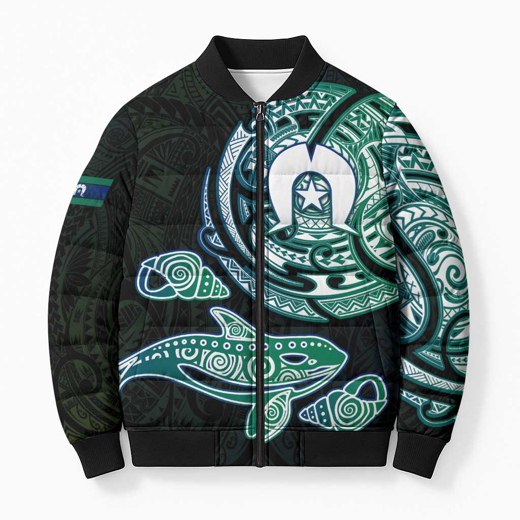 Whale and Dhari Torres Strait Islands Bomber Puffer Jacket Deep Green Oceanic Tribal Pattern Art