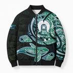 Whale and Dhari Torres Strait Islands Bomber Puffer Jacket Deep Green Oceanic Tribal Pattern Art