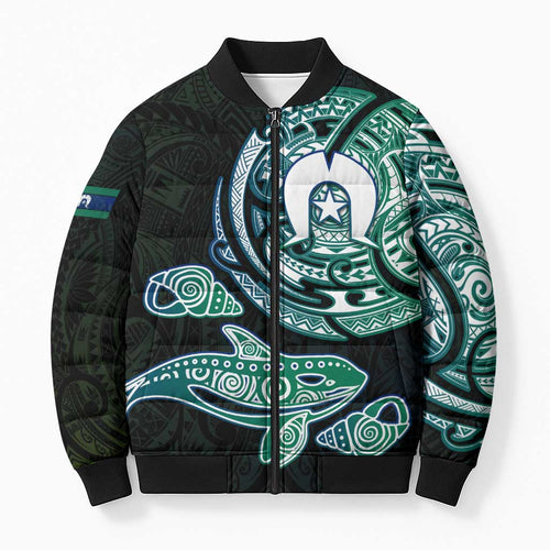 Whale and Dhari Torres Strait Islands Bomber Puffer Jacket Deep Green Oceanic Tribal Pattern Art