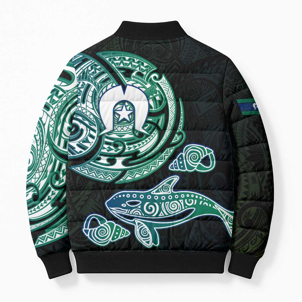 Whale and Dhari Torres Strait Islands Bomber Puffer Jacket Deep Green Oceanic Tribal Pattern Art