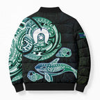 Whale and Dhari Torres Strait Islands Bomber Puffer Jacket Deep Green Oceanic Tribal Pattern Art