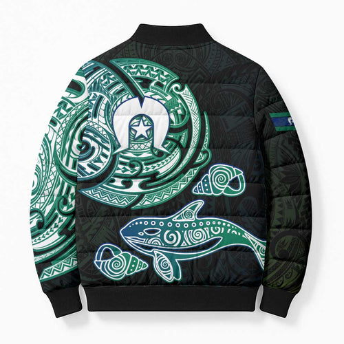 Whale and Dhari Torres Strait Islands Bomber Puffer Jacket Deep Green Oceanic Tribal Pattern Art