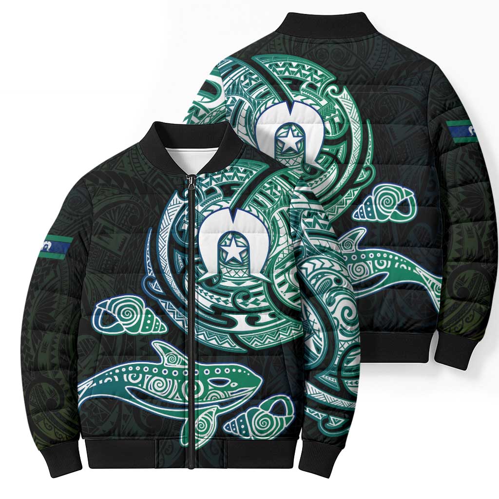Whale and Dhari Torres Strait Islands Bomber Puffer Jacket Deep Green Oceanic Tribal Pattern Art