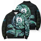 Whale and Dhari Torres Strait Islands Bomber Puffer Jacket Deep Green Oceanic Tribal Pattern Art