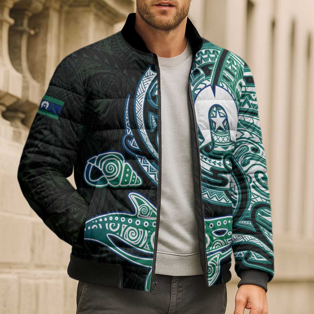Whale and Dhari Torres Strait Islands Bomber Puffer Jacket Deep Green Oceanic Tribal Pattern Art