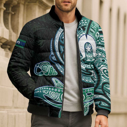 Whale and Dhari Torres Strait Islands Bomber Puffer Jacket Deep Green Oceanic Tribal Pattern Art
