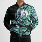 Whale and Dhari Torres Strait Islands Bomber Puffer Jacket Deep Green Oceanic Tribal Pattern Art