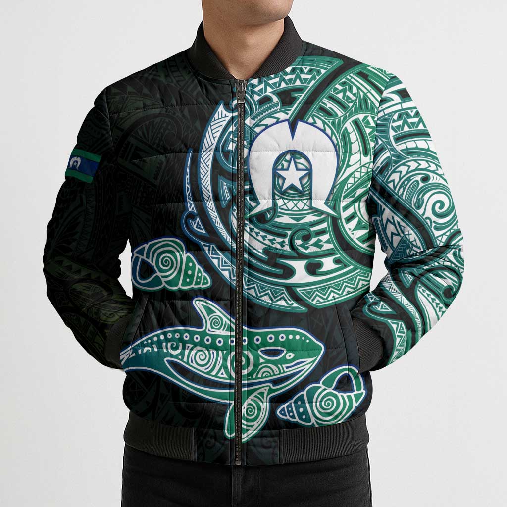 Whale and Dhari Torres Strait Islands Bomber Puffer Jacket Deep Green Oceanic Tribal Pattern Art